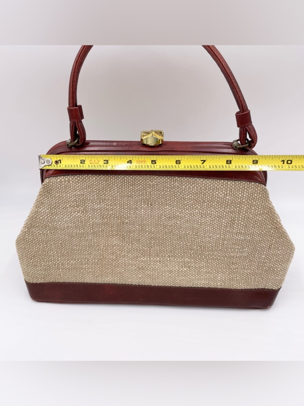 Vintage 50s 60s Top Handle Satchel Bag Red Leather Tweed Purse Midcentury Modern - Picture 10 of 12